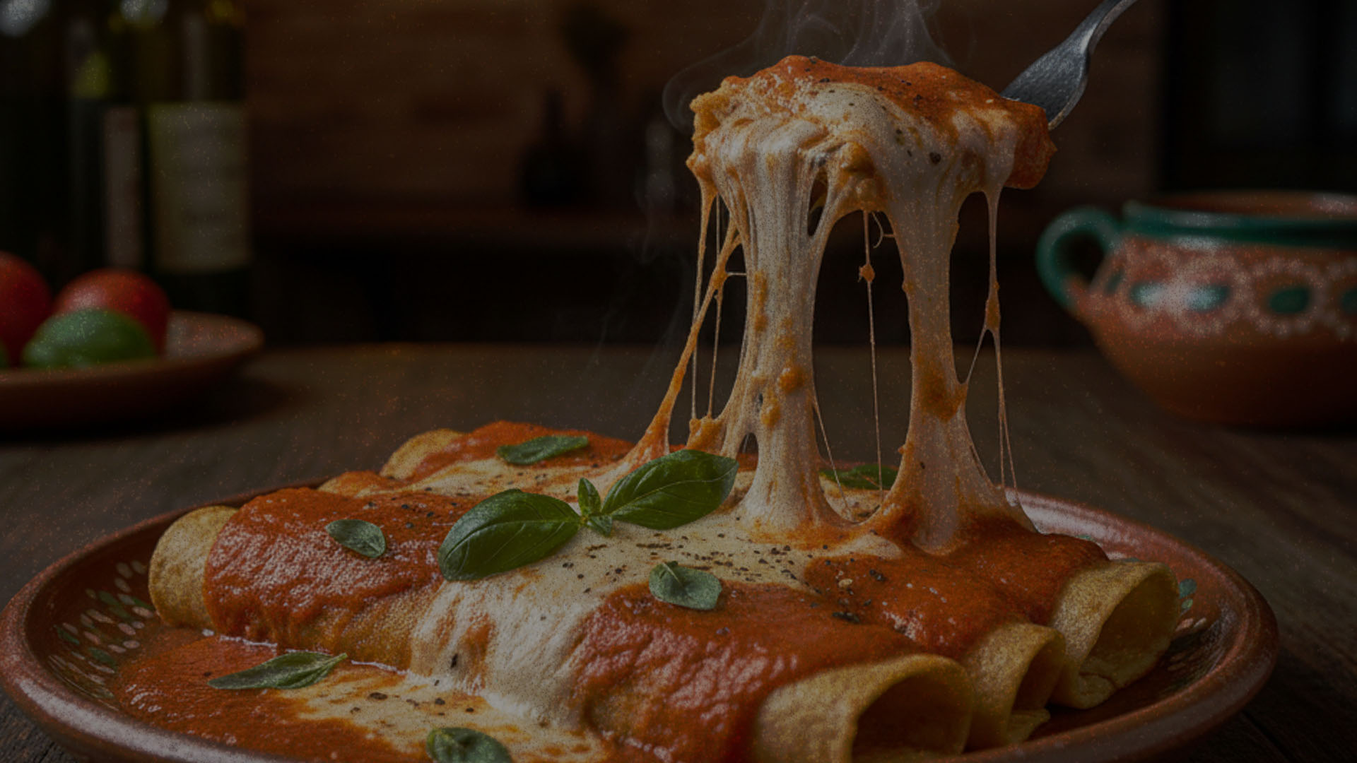 Enchiladas de queso adobera de mesa con salsa de tomate y albahaca